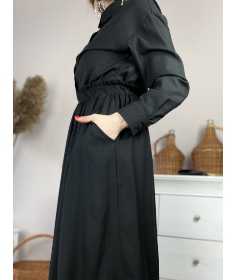 Юбка женская из льна черная на поясе-резинке с боковыми глубокими карманами размер XS-S (SC1x6)
