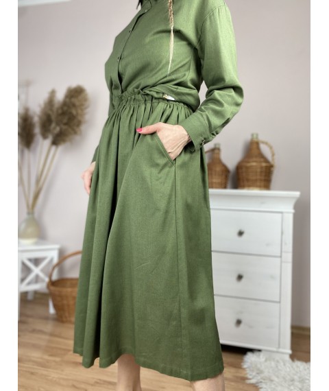 Юбка женская из льна зеленая на поясе-резинке с боковыми глубокими карманами размер XS-S (SC1x5)
