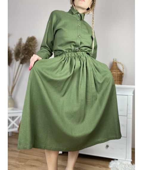 Юбка женская из льна зеленая на поясе-резинке с боковыми глубокими карманами размер XS-S (SC1x5)
