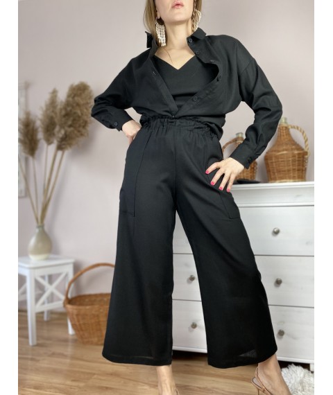 Штаны-кюлоты женские черные из льна летние с карманами и поясом-резинкой размер S (PNT1x1)