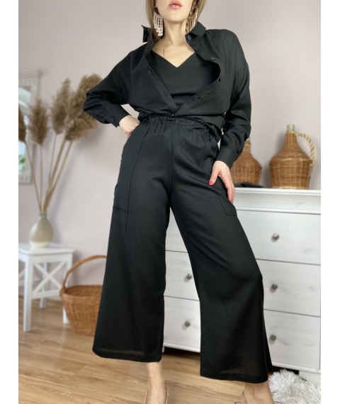 Штаны-кюлоты женские черные из льна летние с карманами и поясом-резинкой размер S (PNT1x1)