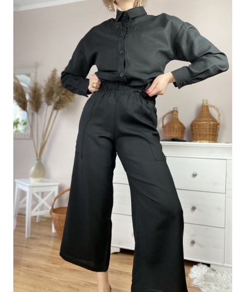 Штаны-кюлоты женские черные из льна летние с карманами и поясом-резинкой размер M (PNT1x1)