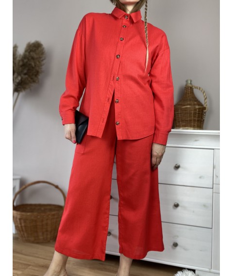 Штаны-кюлоты женские красные из льна летние с карманами и поясом-резинкой размер S (PNT1x3)
