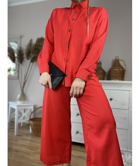 Штаны-кюлоты женские красные из льна летние с карманами и поясом-резинкой размер S (PNT1x3)