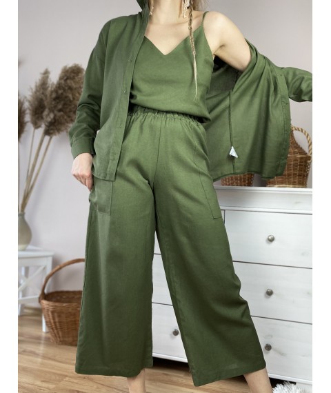 Штаны-кюлоты женские зеленые хаки из льна летние с карманами и поясом-резинкой размер S (PNT1x2)