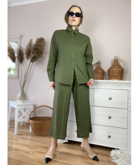 Штаны-кюлоты женские зеленые хаки из льна летние с карманами и поясом-резинкой размер S (PNT1x2)