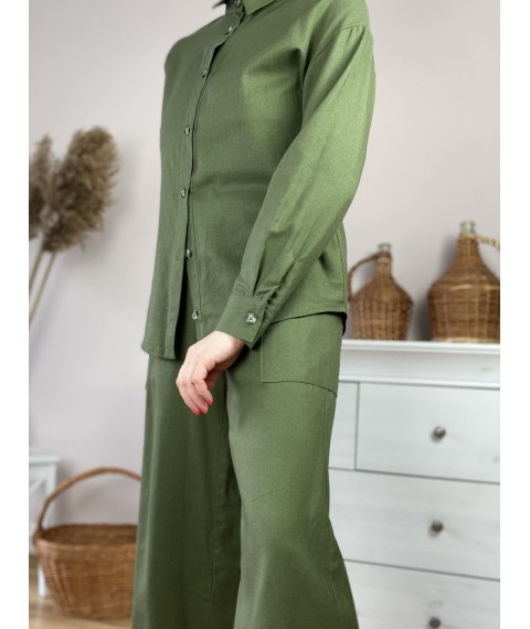 Штаны-кюлоты женские зеленые хаки из льна летние с карманами и поясом-резинкой размер L (PNT1x2)