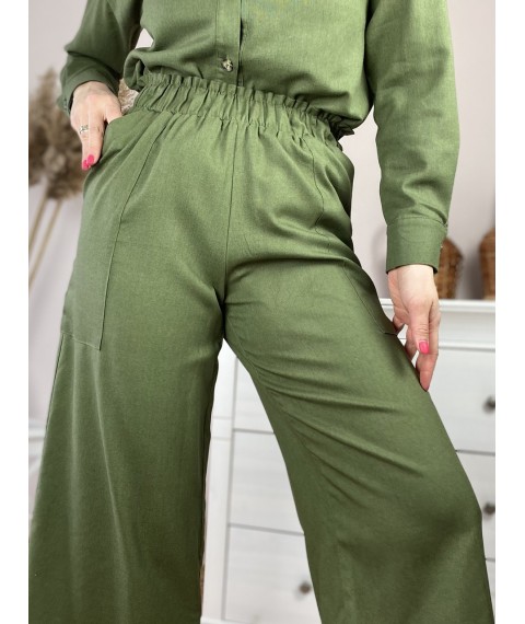 Штаны-кюлоты женские зеленые хаки из льна летние с карманами и поясом-резинкой размер L (PNT1x2)