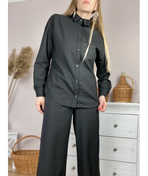 Штаны-палаццо женские черные из льна летние с карманами и поясом-резинкой размер XS-S (PNT2x1)
