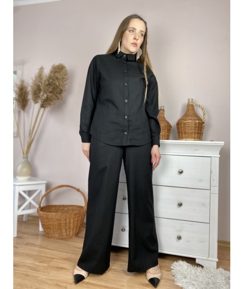 Штаны-палаццо женские черные из льна летние с карманами и поясом-резинкой размер M-L (PNT2x1)