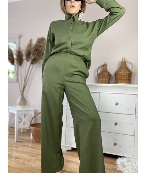 Штаны-палаццо женские зеленые хаки из льна летние с карманами и поясом-резинкой размер M-L (PNT2x2)