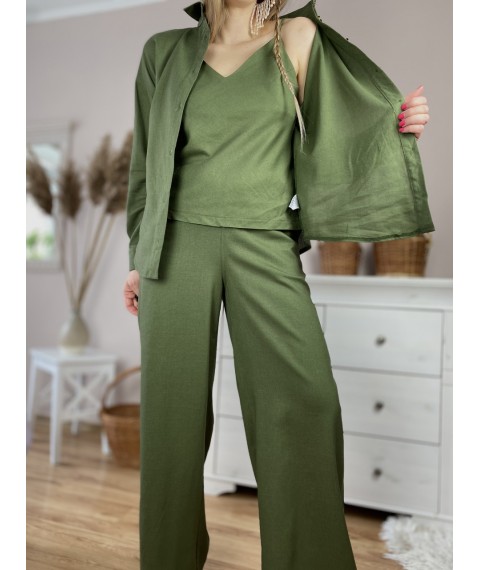 Штаны-палаццо женские зеленые хаки из льна летние с карманами и поясом-резинкой размер M-L (PNT2x2)