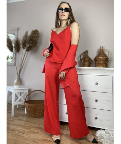 Штаны-палаццо женские красные из льна летние с карманами и поясом-резинкой размер XS-S (PNT2x3)