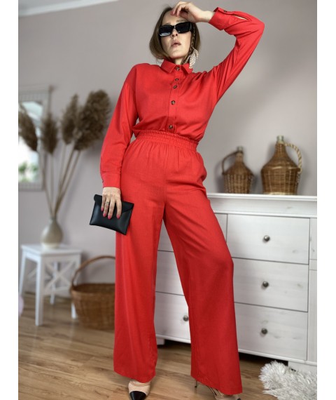 Штаны-палаццо женские красные из льна летние с карманами и поясом-резинкой размер XS-S (PNT2x3)