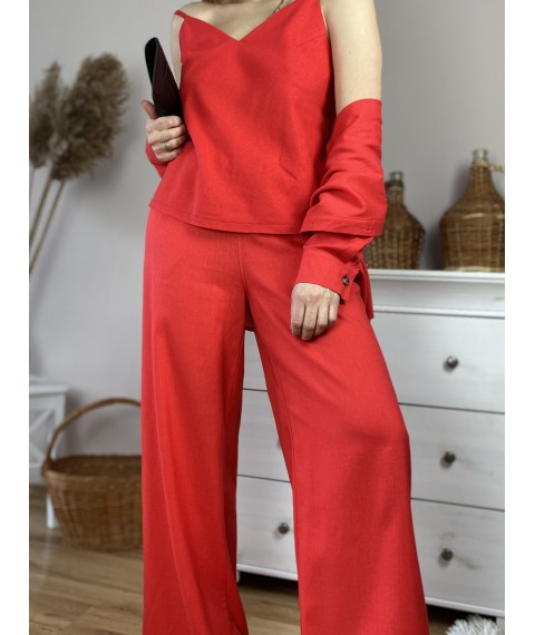 Штаны-палаццо женские красные из льна летние с карманами и поясом-резинкой размер M-L (PNT2x3)