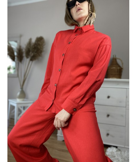 Штаны-палаццо женские красные из льна летние с карманами и поясом-резинкой размер M-L (PNT2x3)