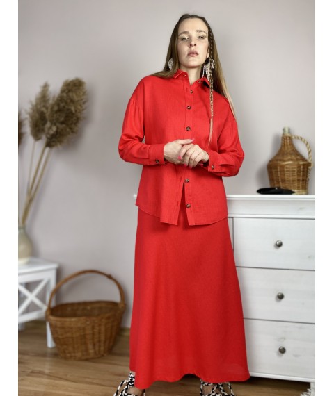 Рубашка красная с длинным рукавом женская из льна размер M (TSH1x4)