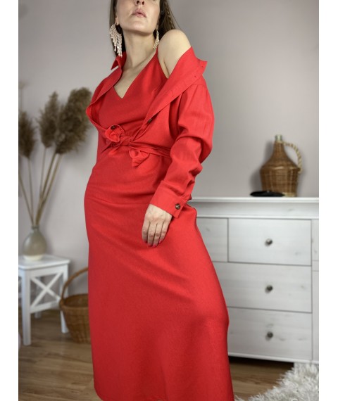 Блуза красная женская с длинным рукавом из льна размер L (TSH1x4)