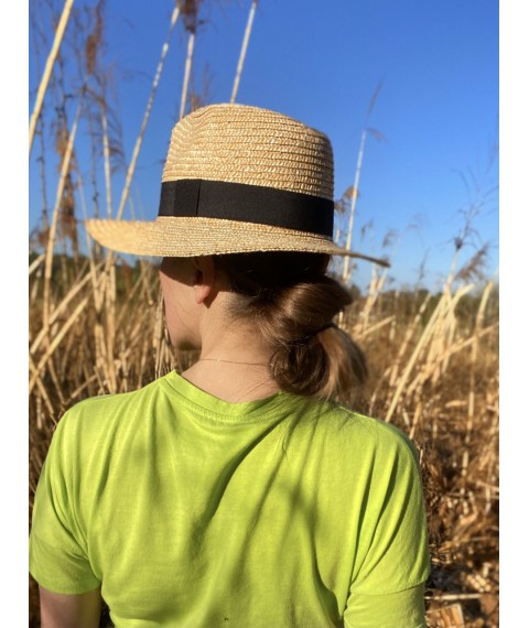 Соломенная шляпа-ковбойка женская бежевая с черной лентой RH-014