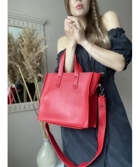 Сумка шоппер жіноча велика на блискавці стильна з екокожі червона