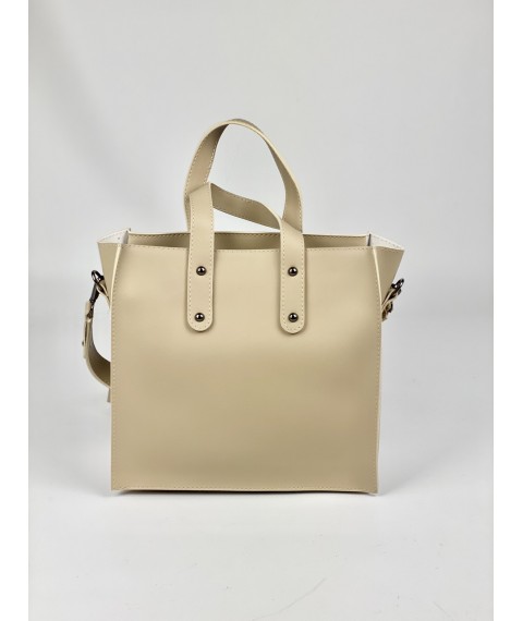 Ladies' big shopper bag with a zipper stylish from eco-leather beige cream