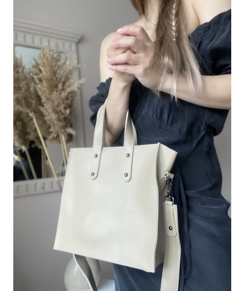 Große Einkaufstasche für Damen mit einem Reißverschluss aus beiger Creme aus Öko-Leder
