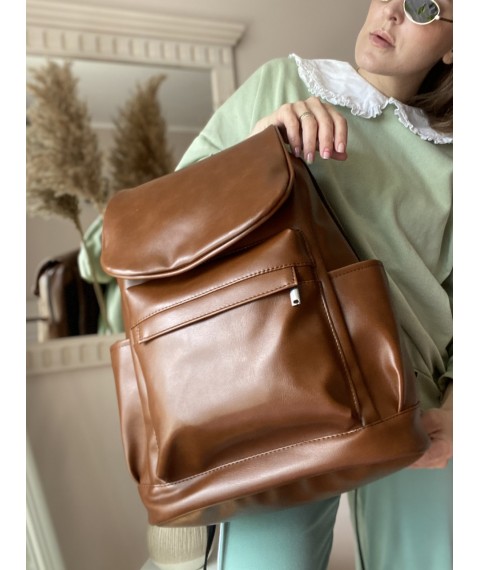 Large women's backpack with a flap brown eco-leather