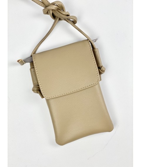 Women's clutch bag for phone with a lock on a long handle beige