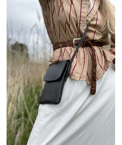 Сумка клатч для телефону жіночка із замком на довгій регульованій ручці чорна