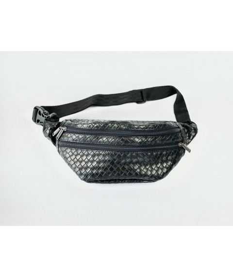 Black large belt bag for women made of woven eco-leather
