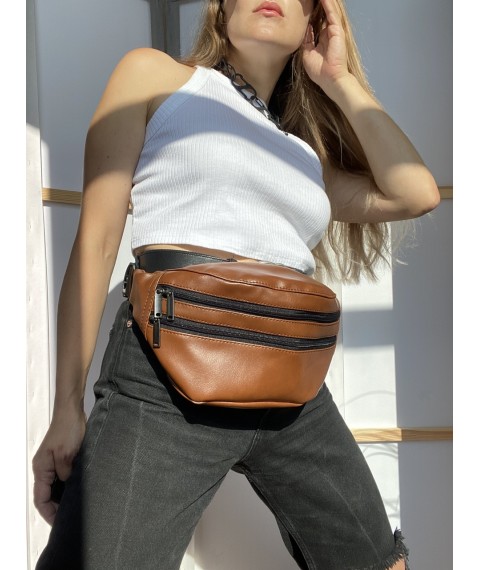 Large women's belt bag made of eco-leather brown