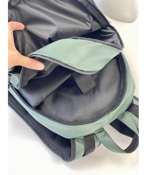 Зеленый мужской рюкзак городской с ортопедической спинкой из экокожи  "Пегас M9"