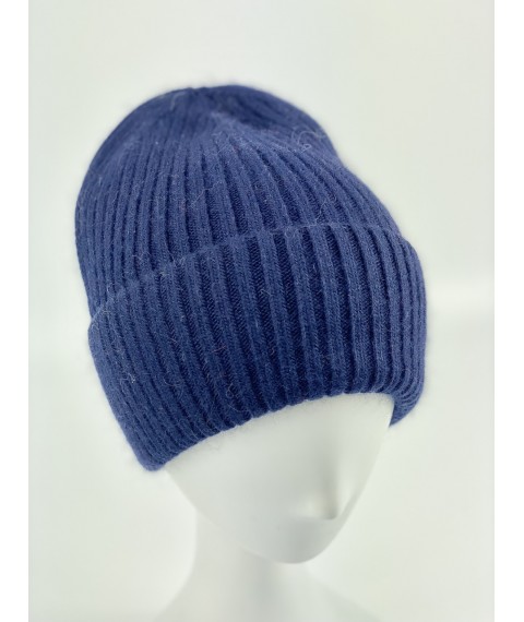 Синяя индиго женская шапка с подворотом из ангоры зимняя