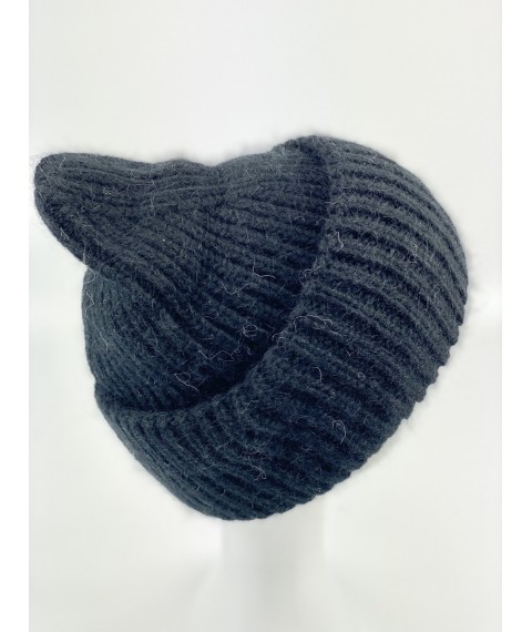 Cap for women knitted from merino wool and angora soft black with a collar