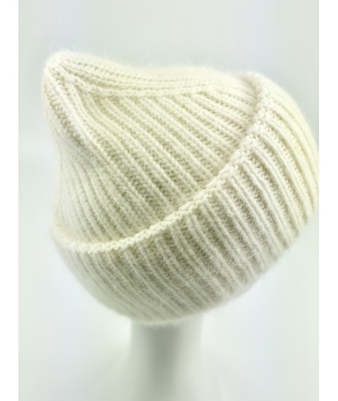 Hat for women knitted from merino angora wool soft with collar milky