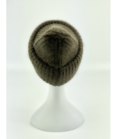 Women's knitted hat made of merino and angora wool, soft with a turn-up, chocolate brown