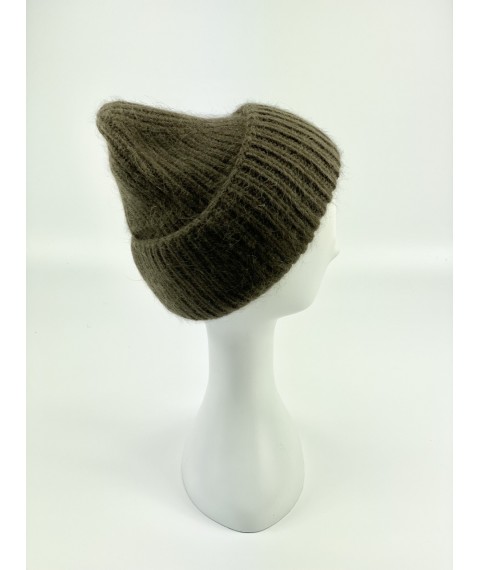 Women's knitted hat made of merino and angora wool, soft with a turn-up, chocolate brown