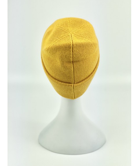Желтая женская спортивная шапка с двойным подворотом из ангоры зимняя