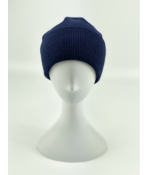 Синяя женская спортивная шапка с двойным подворотом из ангоры зимняя