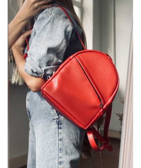 Backpack-bag red female small city eco-leather