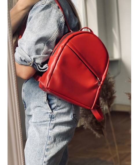 Backpack-bag red female small city eco-leather