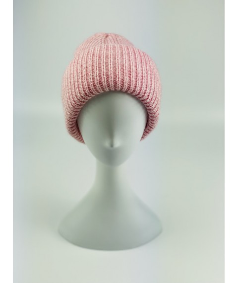 Women's winter knitted hat with double collar warm wool blend pink