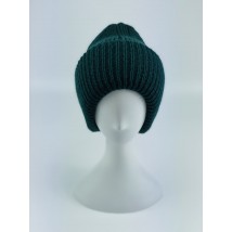 Women's winter knitted hat with double turn-up warm half-woolen green emerald