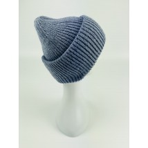 Women's winter knitted hat with double turn-up warm half-woolen blue jeans