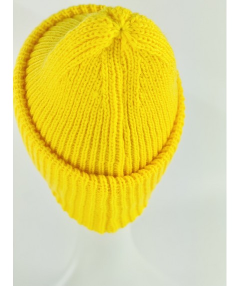 Women's winter knitted hat with double turn-up warm half-woolen yellow bright