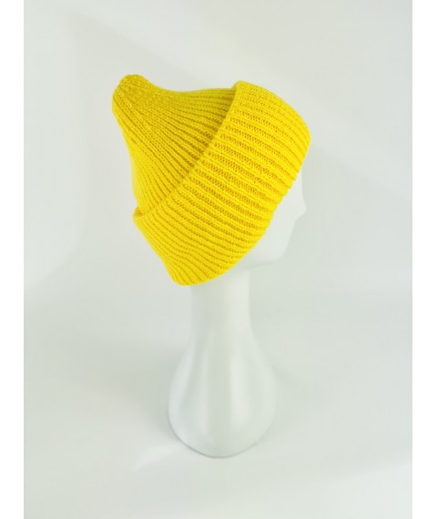 Women's winter knitted hat with double turn-up warm half-woolen yellow bright