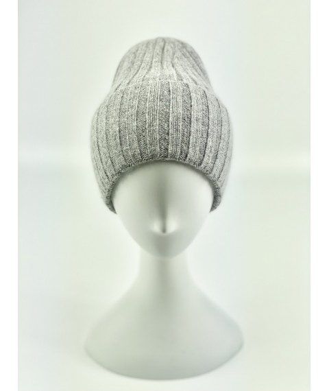 Light gray melange winter women's angora hat with a tapered top