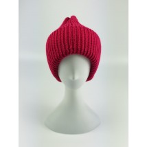 Women's winter knitted hat with double turn-up warm half-woolen crimson