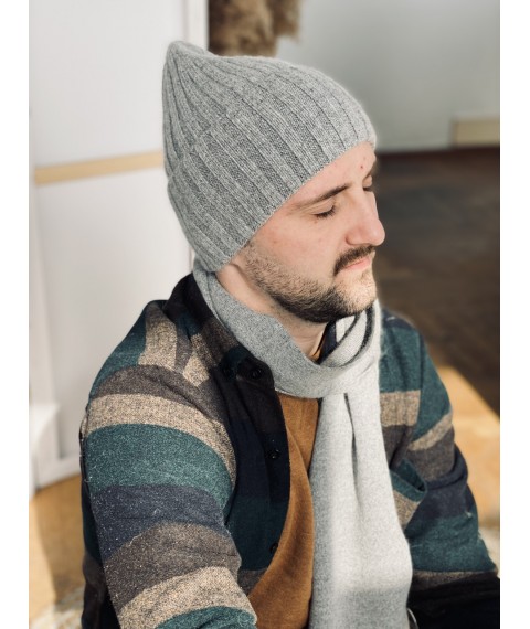 Light gray melange winter men's angora hat with a tapered top
