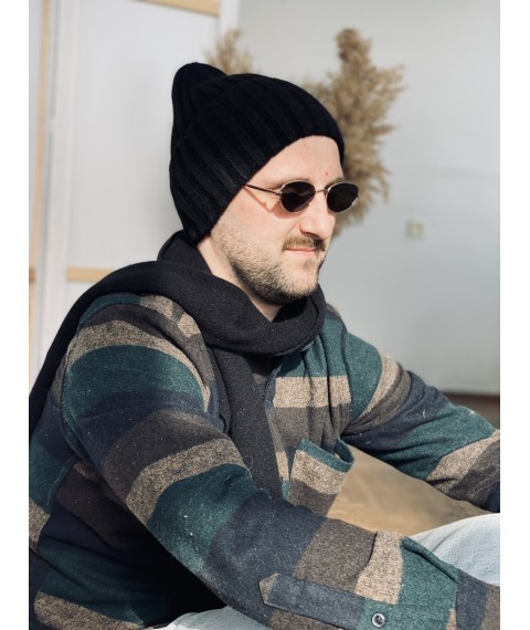 Black winter men's angora hat with a tapered top